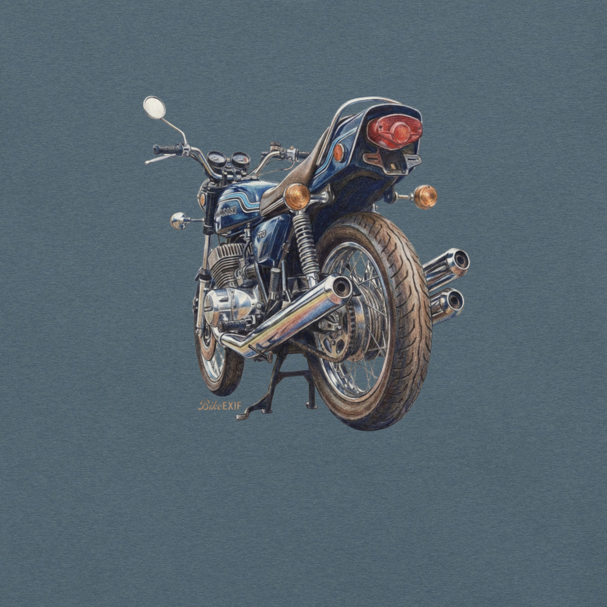 Blue t-shirt featuring a retro H2 750 triple motorcycle graphic.
