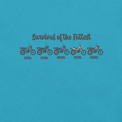 Blue t-shirt featuring a retro Yamaha TW200 dual-sport motorcycle graphic.