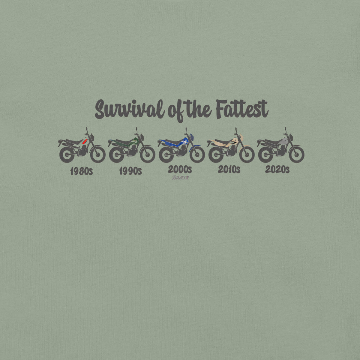 Green t-shirt featuring a retro Yamaha TW200 dual-sport motorcycle graphic.