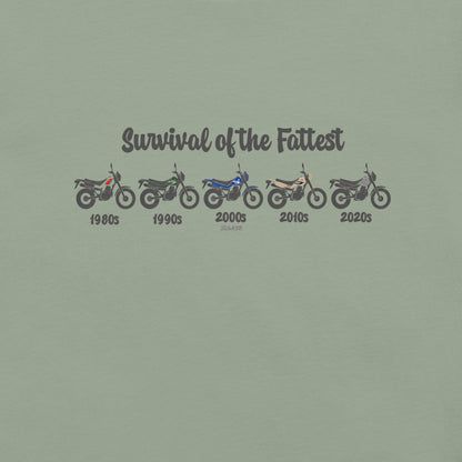 Green t-shirt featuring a retro Yamaha TW200 dual-sport motorcycle graphic.