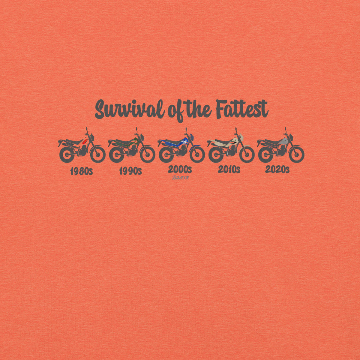 Orange t-shirt featuring a retro Yamaha TW200 dual-sport motorcycle graphic.