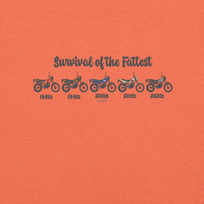 Orange t-shirt featuring a retro Yamaha TW200 dual-sport motorcycle graphic.