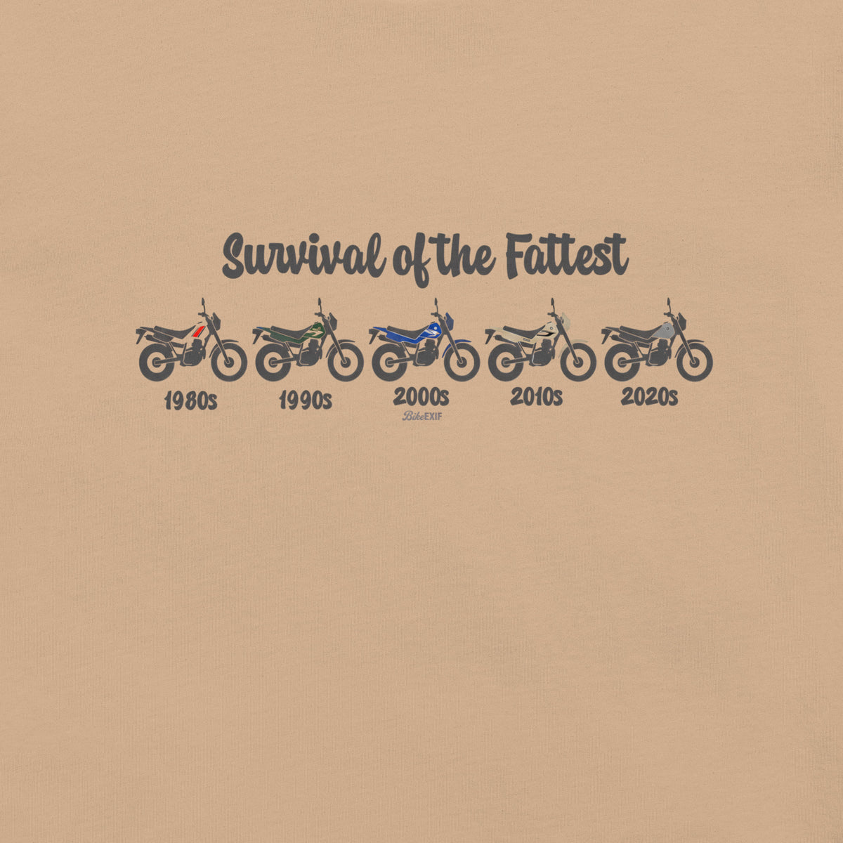Tan t-shirt featuring a retro Yamaha TW200 dual-sport motorcycle graphic.