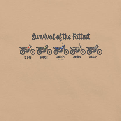 Tan t-shirt featuring a retro Yamaha TW200 dual-sport motorcycle graphic.