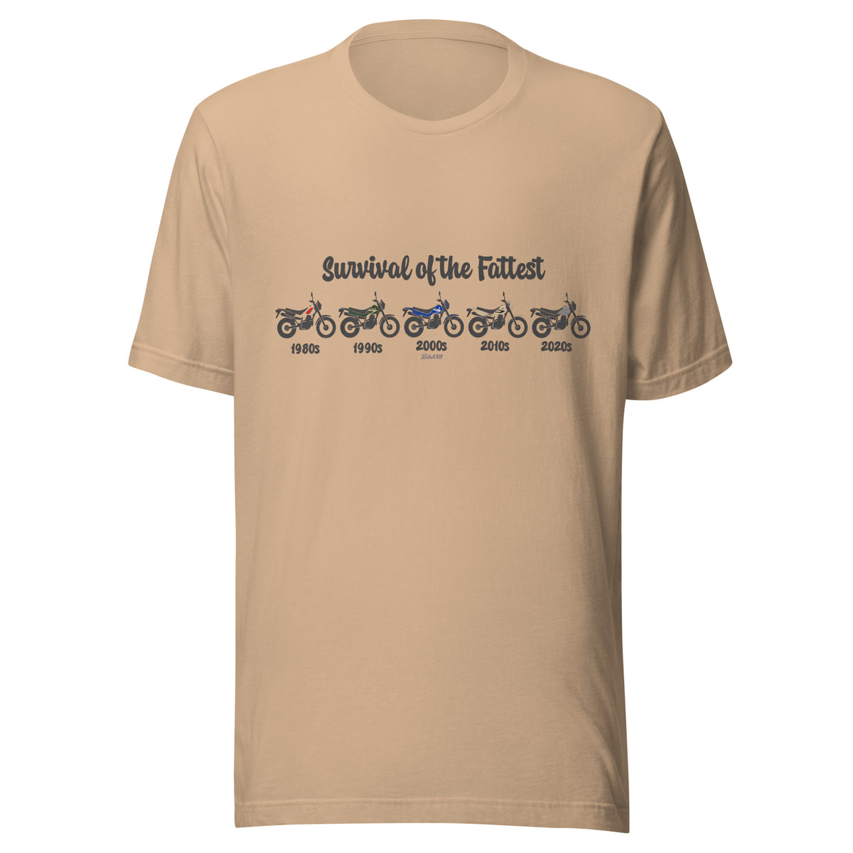 Tan t-shirt featuring a retro Yamaha TW200 dual-sport motorcycle graphic.