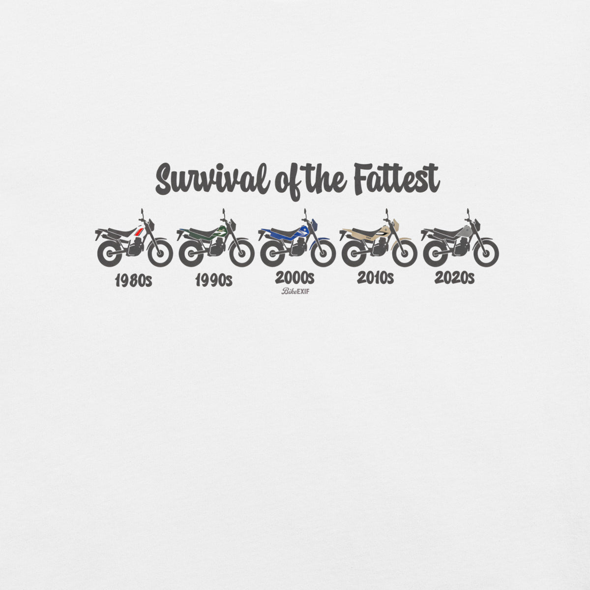 White t-shirt featuring a retro Yamaha TW200 dual-sport motorcycle graphic.