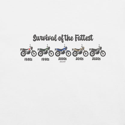 White t-shirt featuring a retro Yamaha TW200 dual-sport motorcycle graphic.