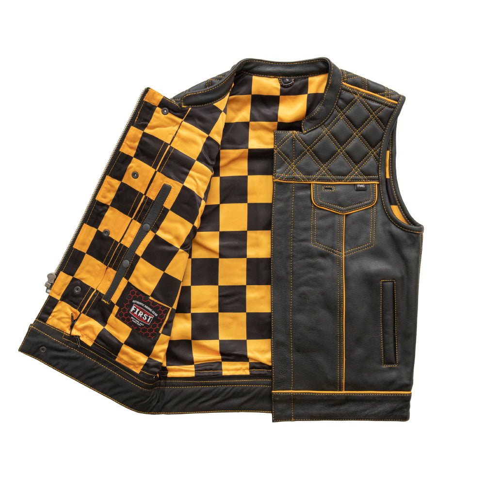 First Manufacturing Company Finish Line - Gold Checker - Men's Motorcycle Leather Vest