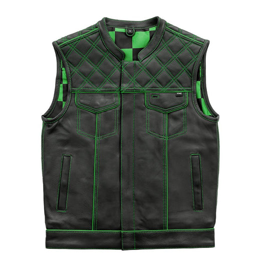 First Manufacturing Company Finish Line - Green Checker - Men's Motorcycle Leather Vest
