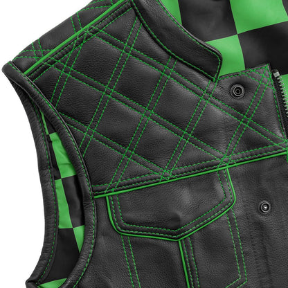 First Manufacturing Company Finish Line - Green Checker - Men's Motorcycle Leather Vest