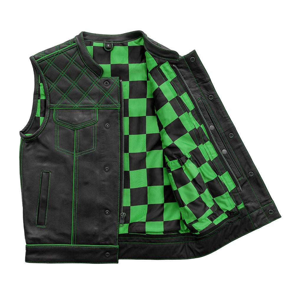 First Manufacturing Company Finish Line - Green Checker - Men's Motorcycle Leather Vest