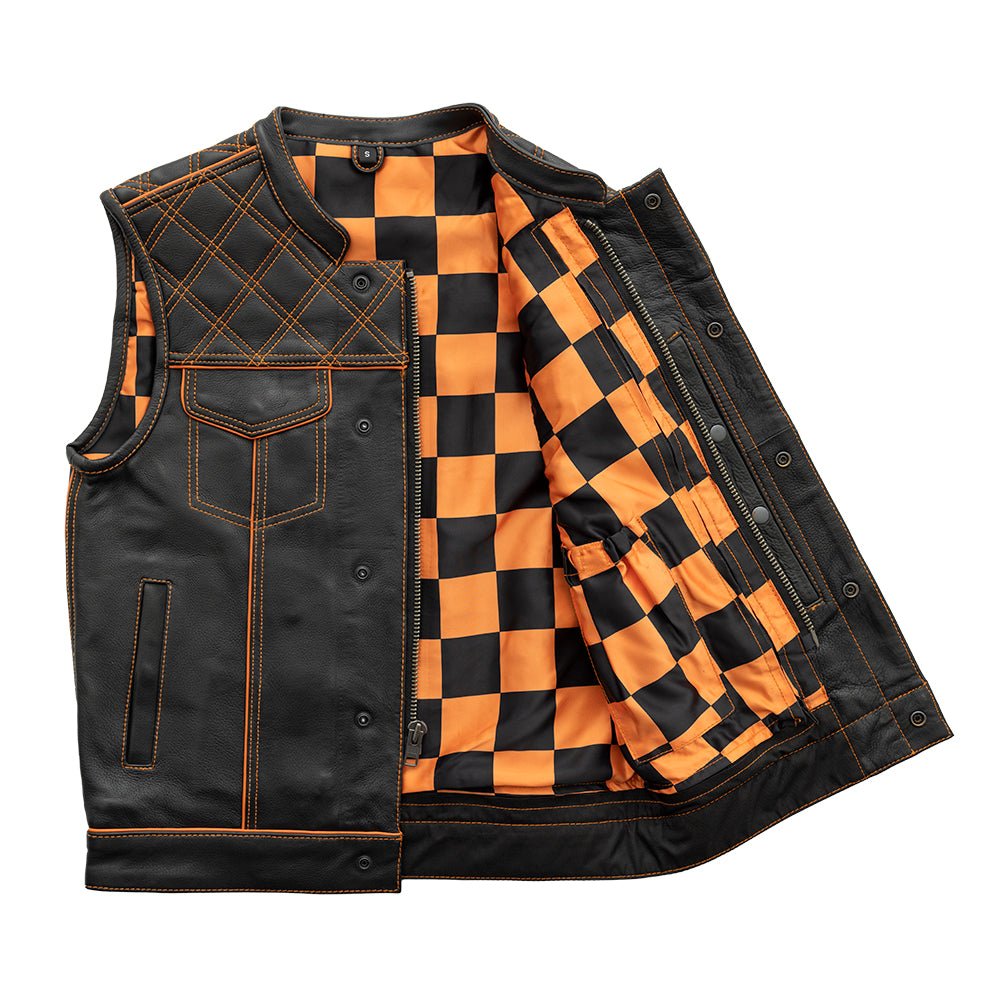 First Manufacturing Company Finish Line - Orange Checker - Men's Motorcycle Leather Vest