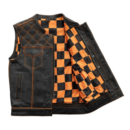 First Manufacturing Company Finish Line - Orange Checker - Men's Motorcycle Leather Vest