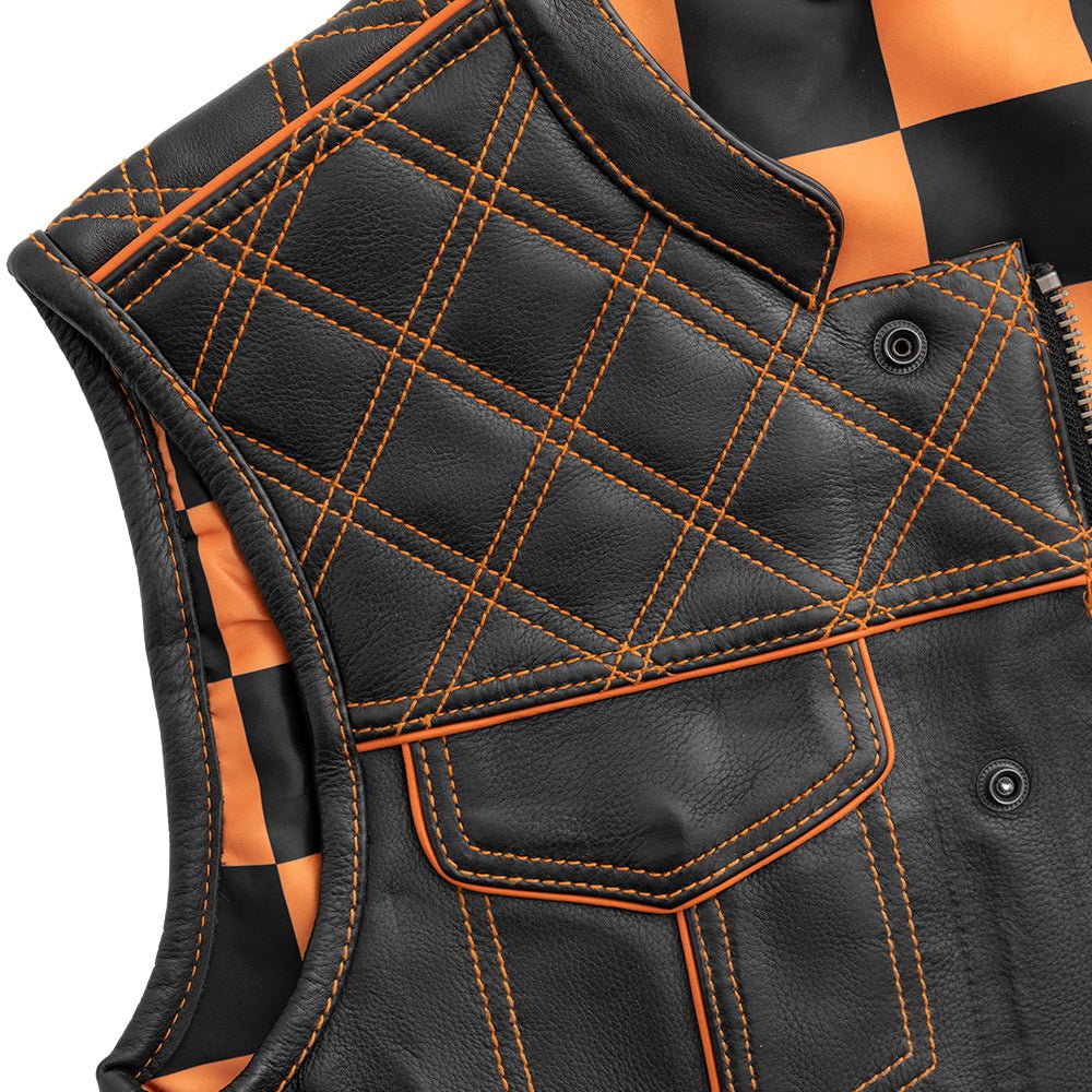 First Manufacturing Company Finish Line - Orange Checker - Men's Motorcycle Leather Vest