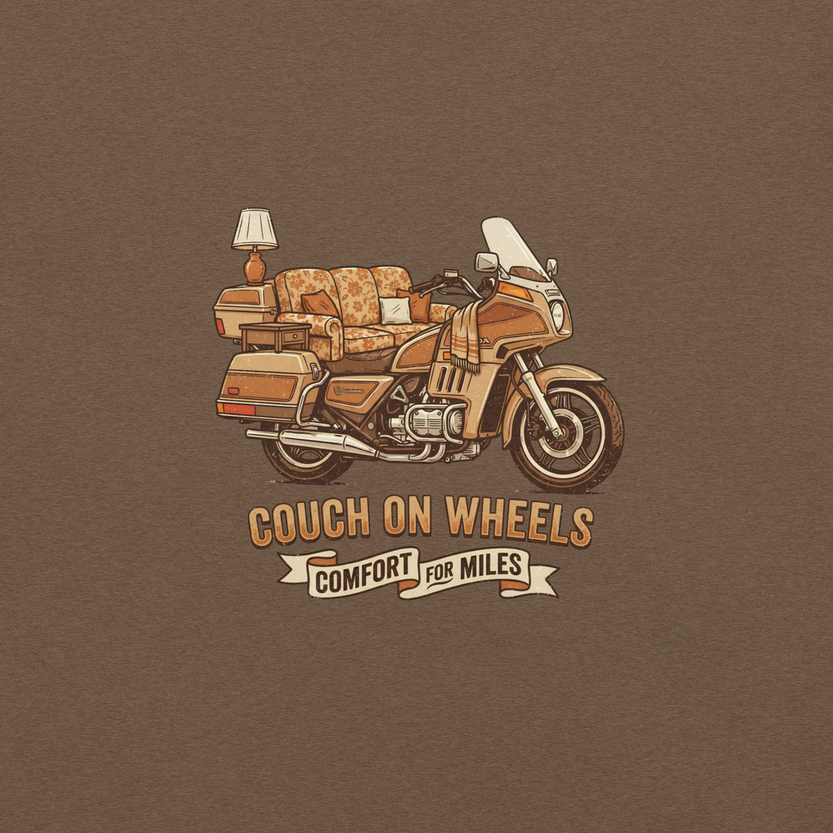 An illustrated 1980s Honda Goldwing featuring a floral couch as the seat, an end table, and a lamp mounted on the rear luggage, with the text Couch On Wheels, Comfort For Miles.