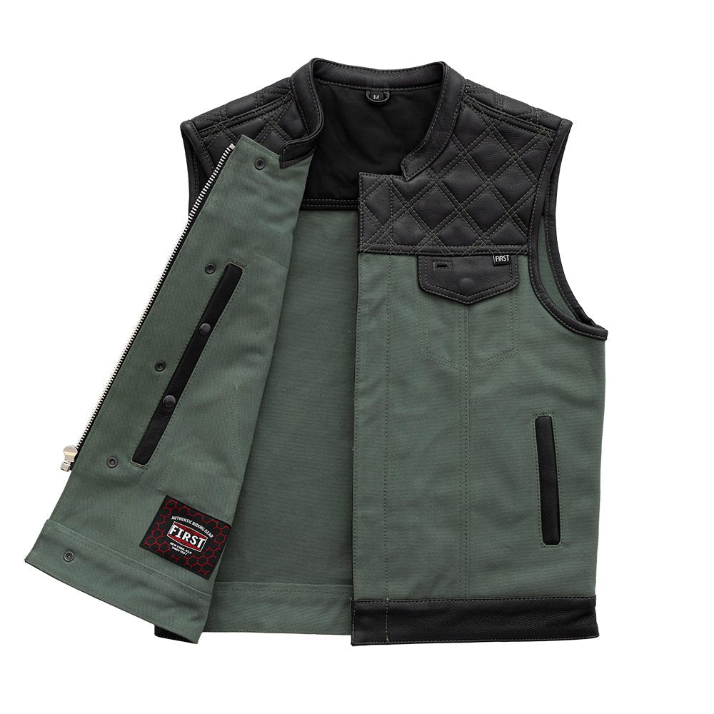 First Manufacturing Company Hunt Club Motorcycle Leather Canvas Vest Green