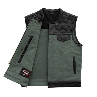 First Manufacturing Company Hunt Club Motorcycle Leather Canvas Vest Green