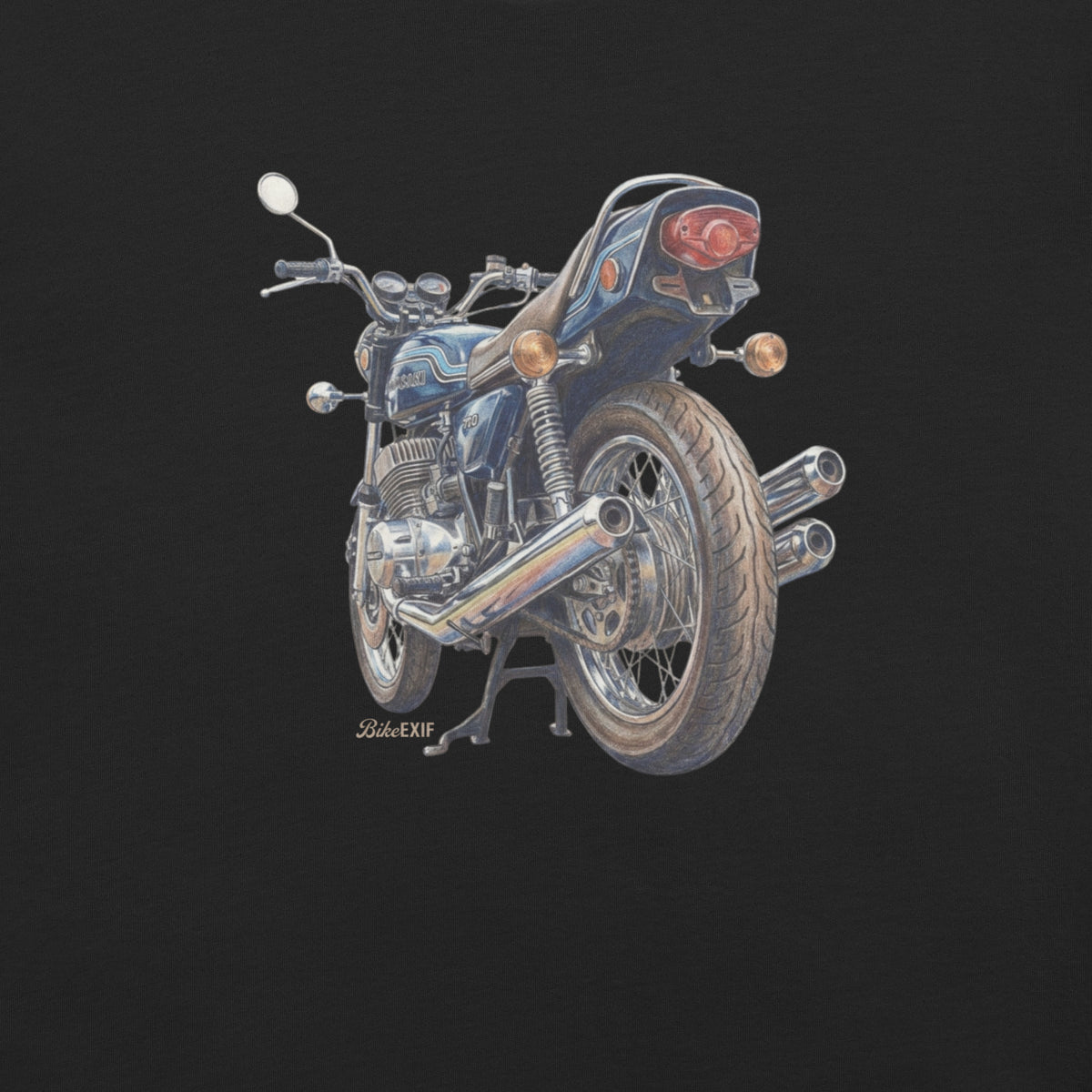Black t-shirt featuring a retro H2 750 triple motorcycle graphic.