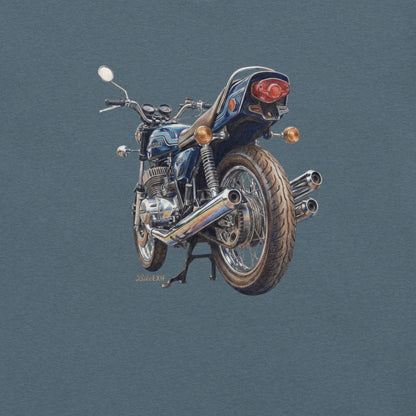 Blue t-shirt featuring a retro H2 750 triple motorcycle graphic.