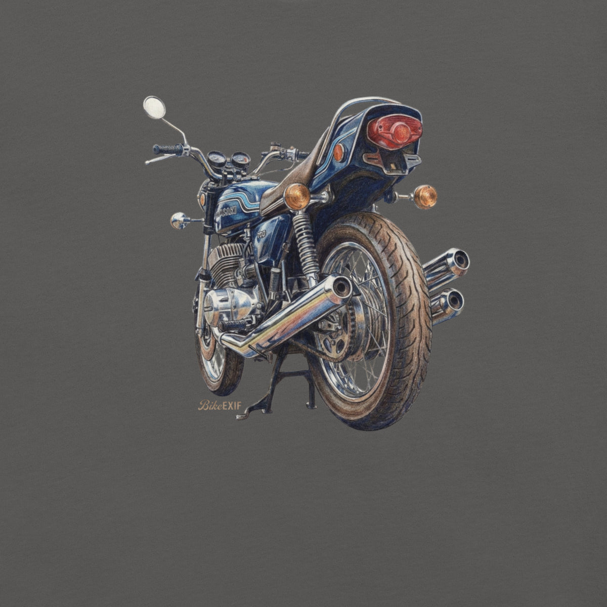 Gray t-shirt featuring a retro H2 750 triple motorcycle graphic.