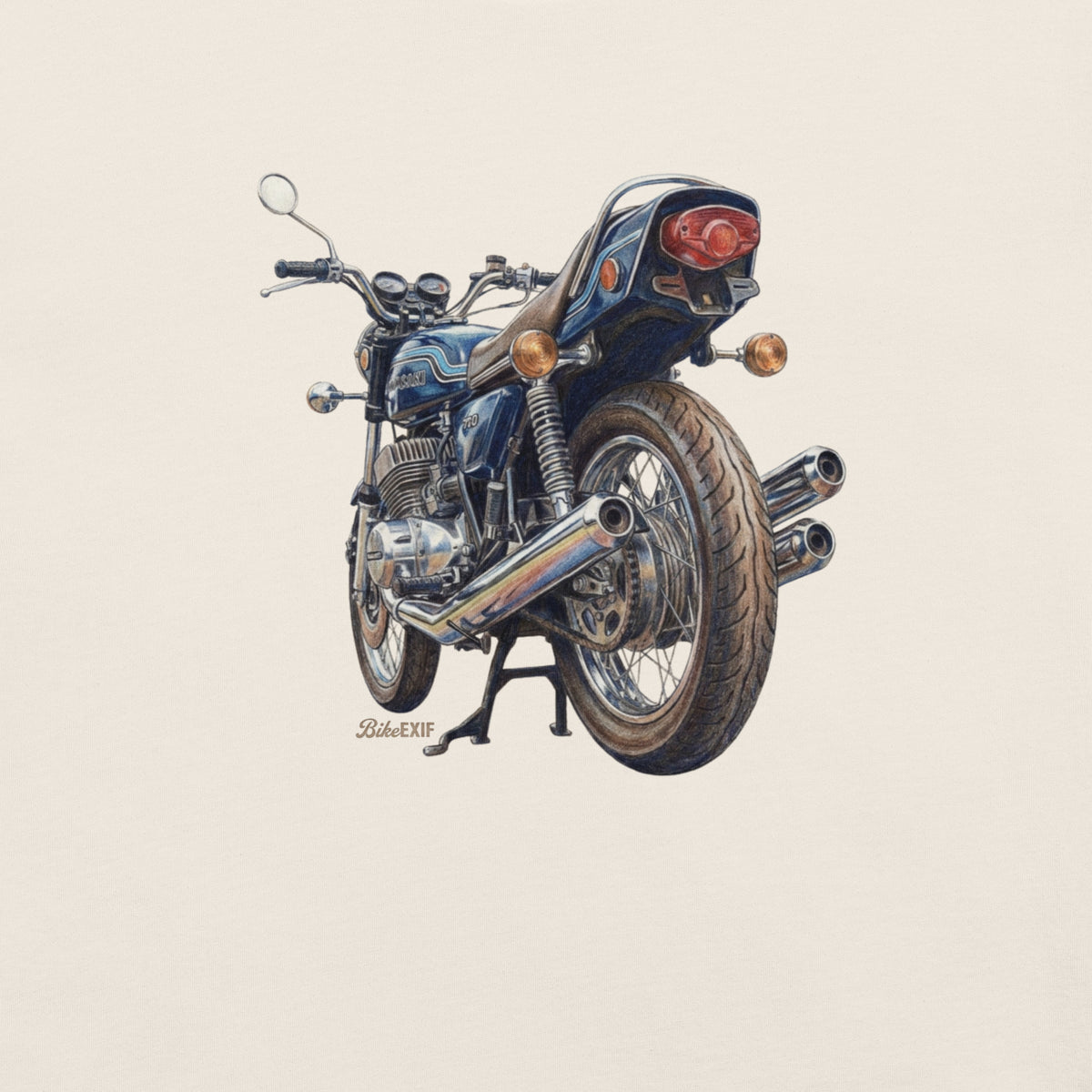 White t-shirt featuring a retro H2 750 triple motorcycle graphic.