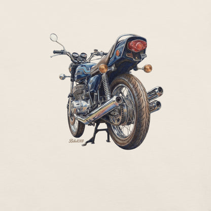 White t-shirt featuring a retro H2 750 triple motorcycle graphic.