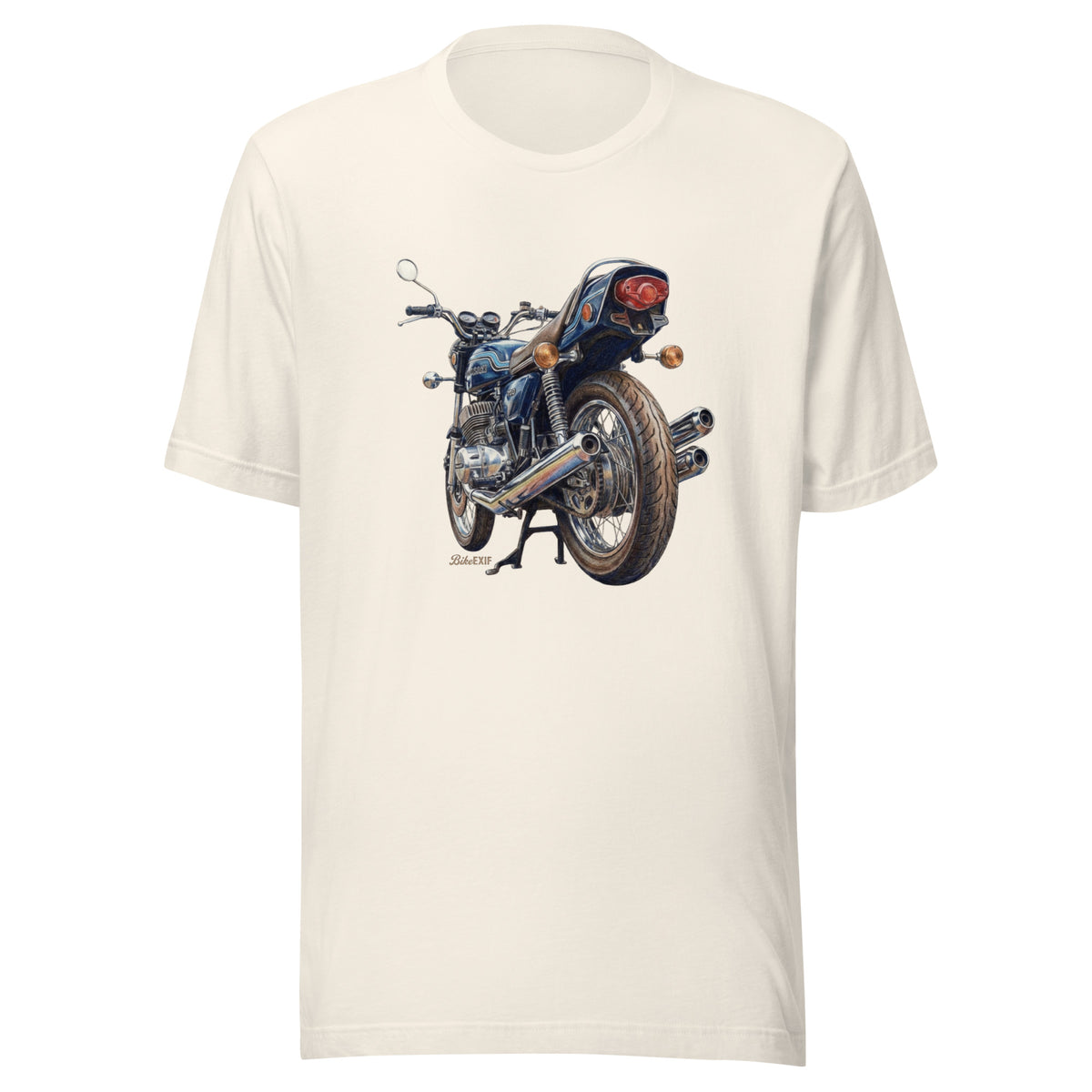 White t-shirt featuring a retro H2 750 triple motorcycle graphic.